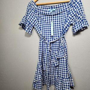 Off shoulder, blue plaid dress, Large